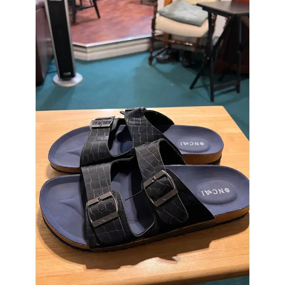NCAI Men's Double Buckle Sandals Croc Pattern Navy Blue Comfort Slides‎ Size 45